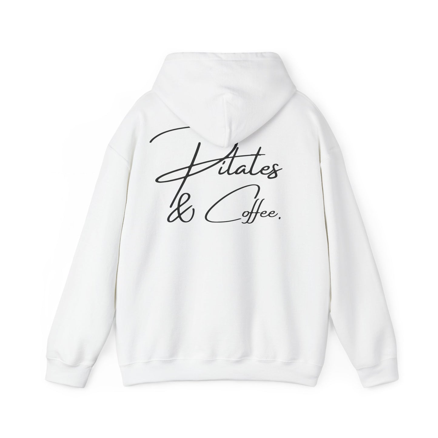 Unisex hoodie with the text "Pilates and Coffee" in a minimalist design. Perfect for pilates lovers and casual wear.