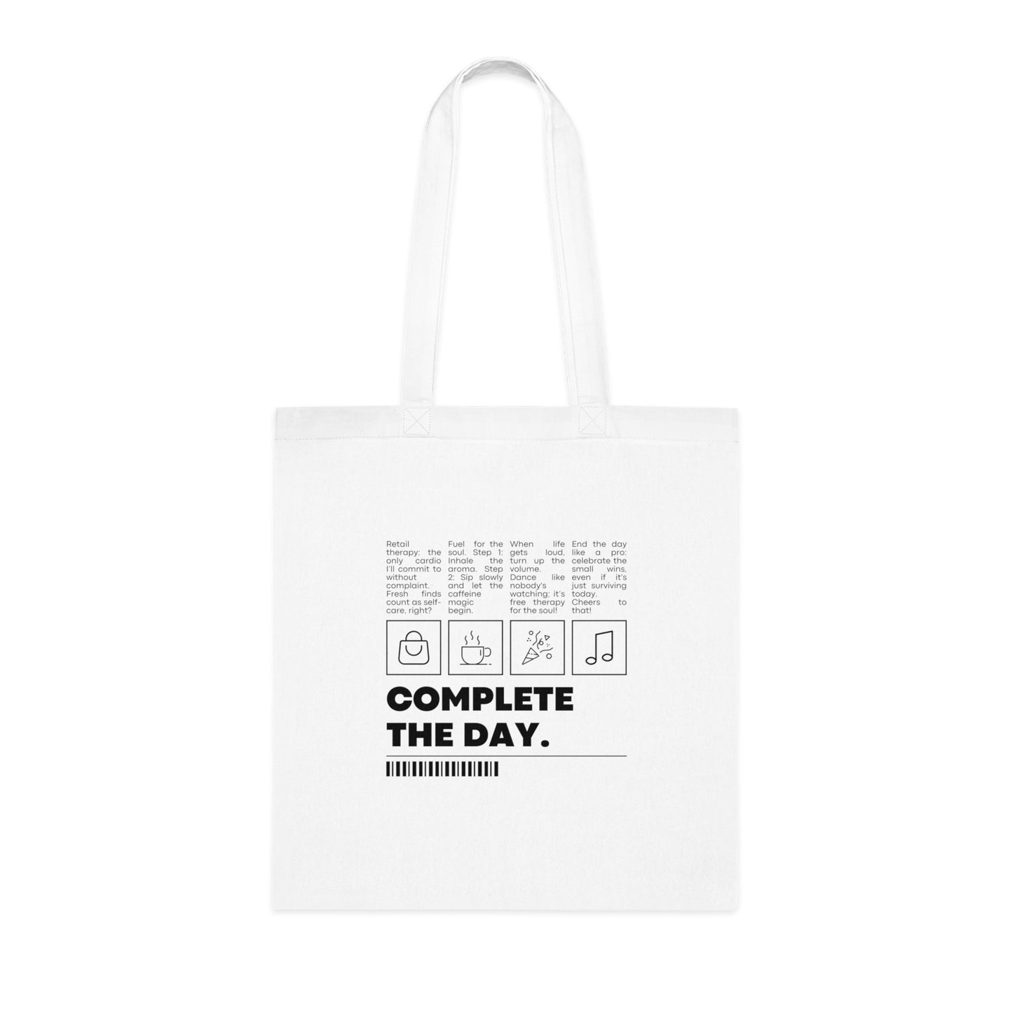 Complete the Day' Cotton Tote Bag with fun icons for shopping, coffee, music, and celebration. Perfect for use as a beach bag, shopping bag, reusable grocery bag, or market tote. A stylish and practical choice for wellness-focused women.