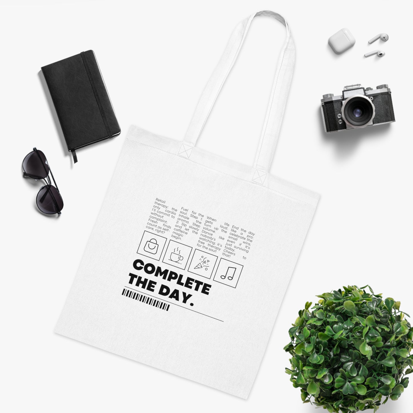 complete the day Cotton Tote Bag, Beach Bag, Shopping Bag, Reusable Grocery Bag, Shoulder Bag, Market Tote