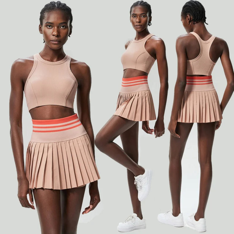 2-Piece Tennis Set – Breathable Sleeveless Crop Top + High Waist Skirt With Pockets