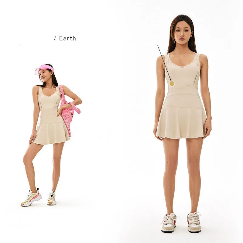 Women’s Sleeveless Tennis Dress with Built-In Shorts – Breathable Active Skort