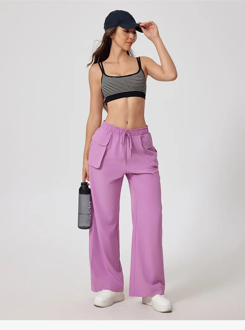 Lightweight Quick-Dry Yoga Cargo Pants – High Waist Outdoor Running Trousers with Pockets