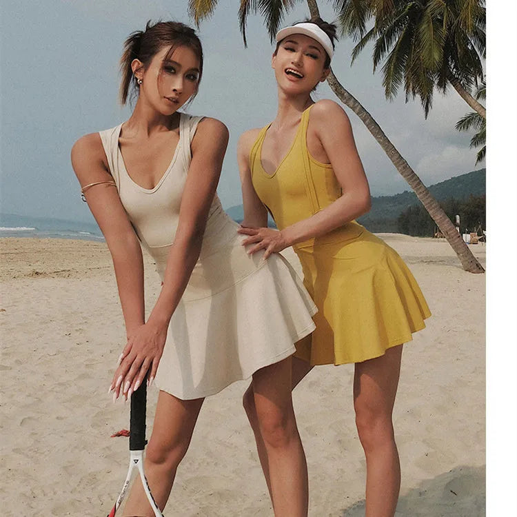 Women’s Sleeveless Tennis Dress with Built-In Shorts – Breathable Active Skort