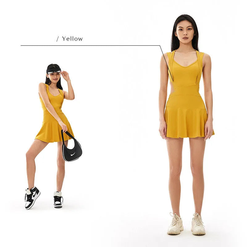 Women’s Sleeveless Tennis Dress with Built-In Shorts – Breathable Active Skort