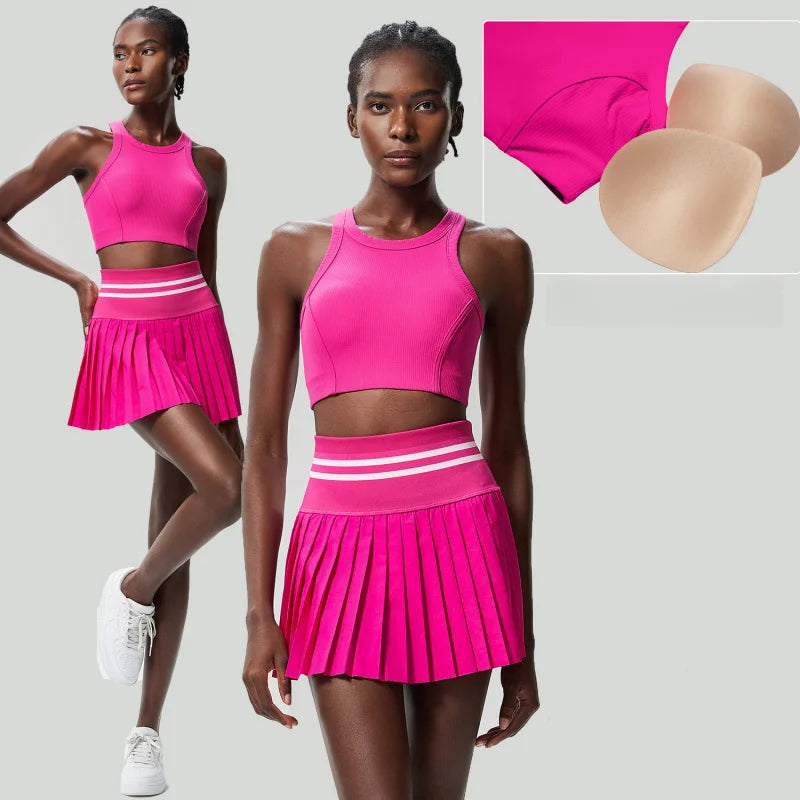 2-Piece Tennis Set – Breathable Sleeveless Crop Top + High Waist Skirt With Pockets