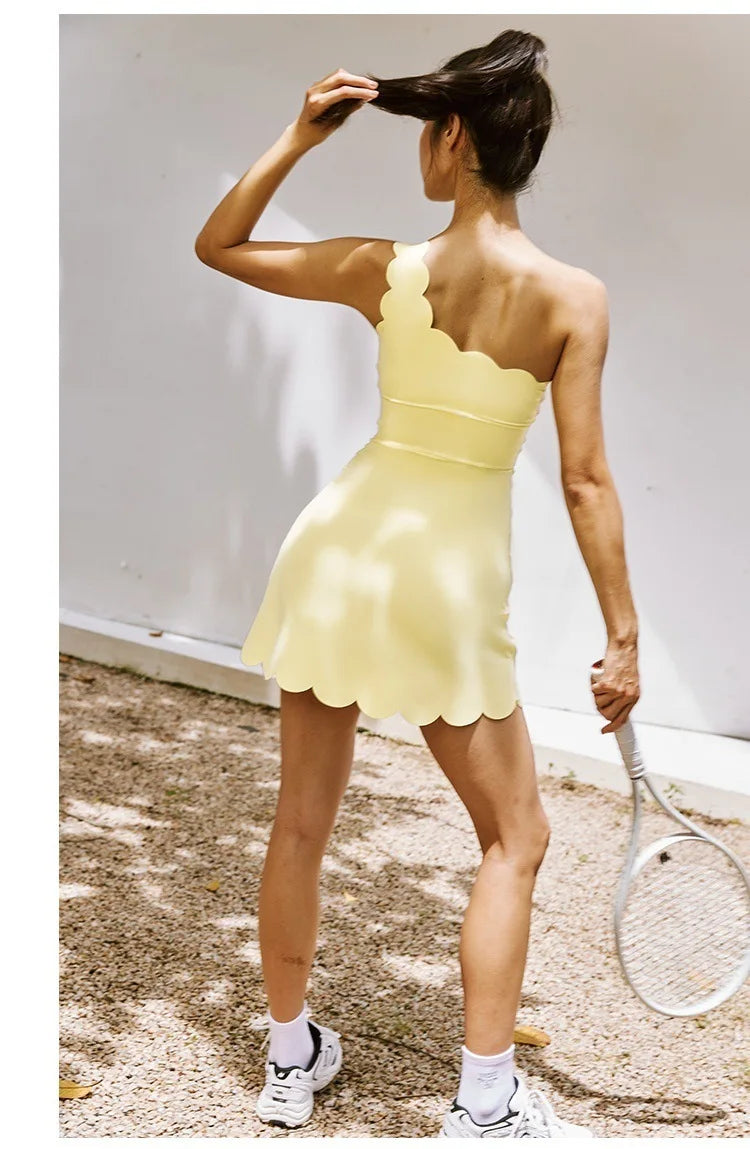 Off-Shoulder Lace Tennis Dress – Sculpted One-Piece Activewear