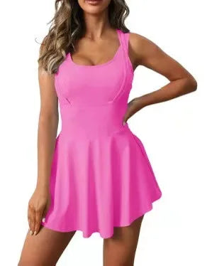Women’s Sleeveless Tennis Dress with Built-In Shorts – Breathable Active Skort