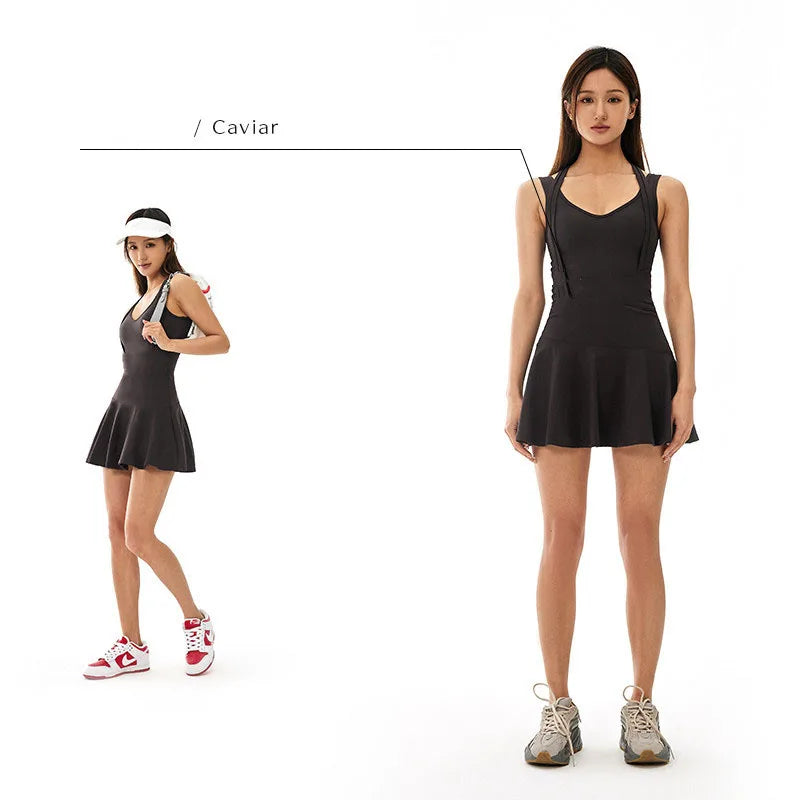 Women’s Sleeveless Tennis Dress with Built-In Shorts – Breathable Active Skort