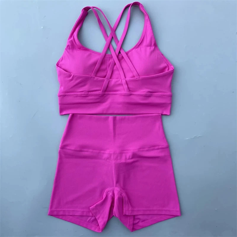 Solid Color gym bike Yoga Set short Legging +cross sport bra Tracksuit Athletic Women Gym Suit Comprehensive Training Jogging