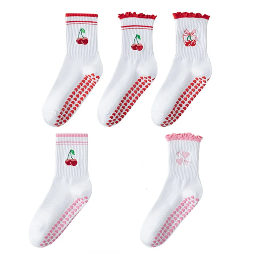CuteCore Grip Socks – Mid-Tube Striped Yoga Socks with Hearts & Bows