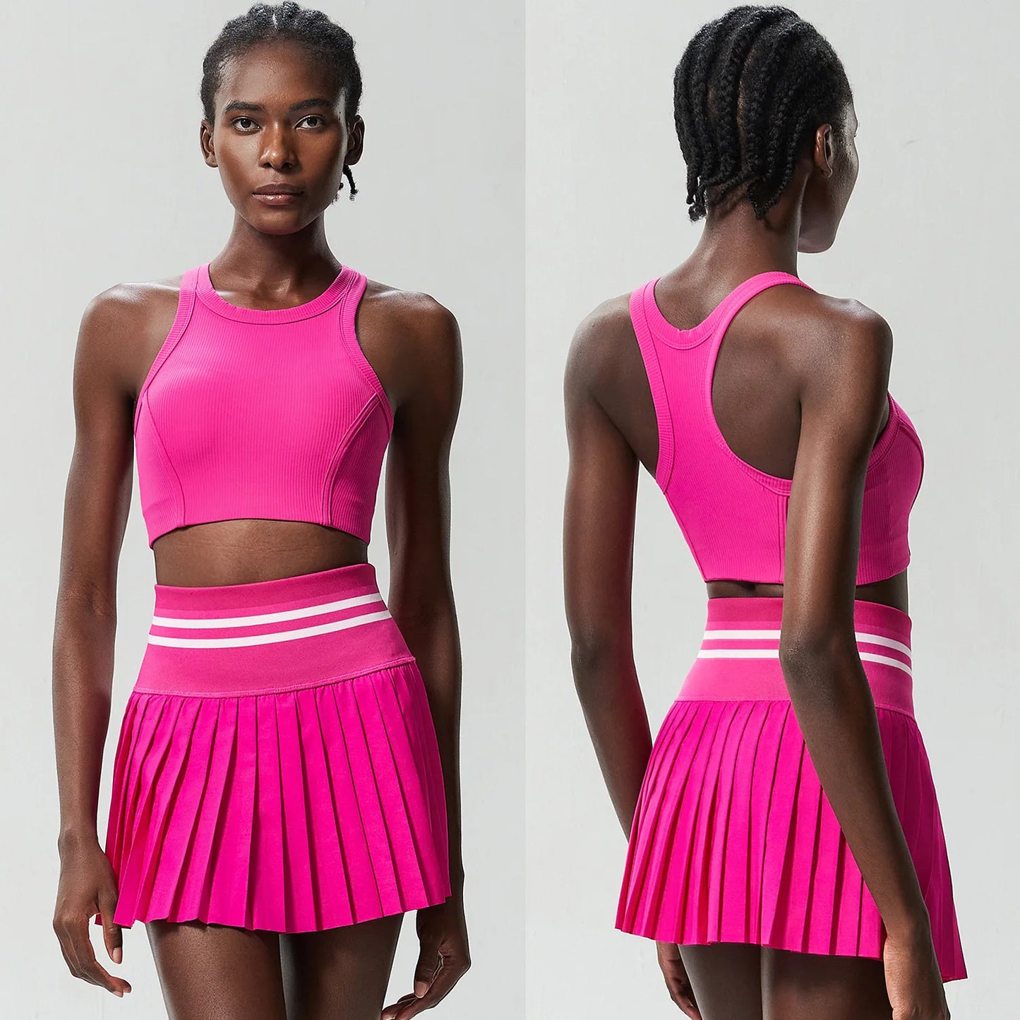 2-Piece Tennis Set – Breathable Sleeveless Crop Top + High Waist Skirt With Pockets