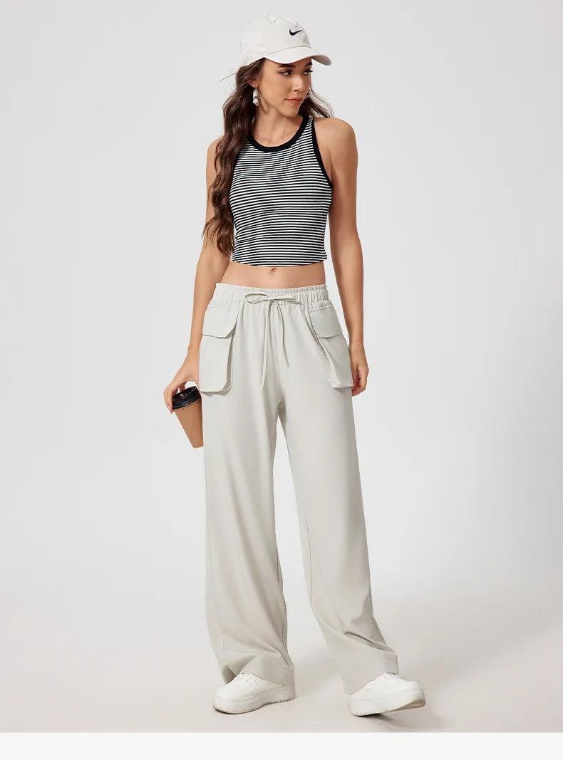 Lightweight Quick-Dry Yoga Cargo Pants – High Waist Outdoor Running Trousers with Pockets