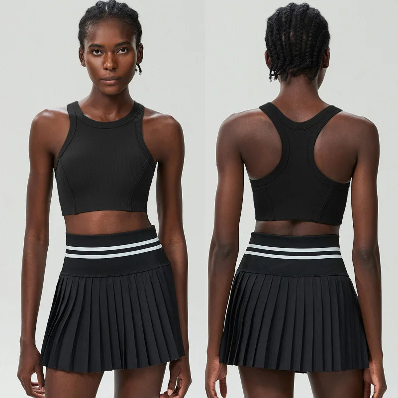 2-Piece Tennis Set – Breathable Sleeveless Crop Top + High Waist Skirt With Pockets