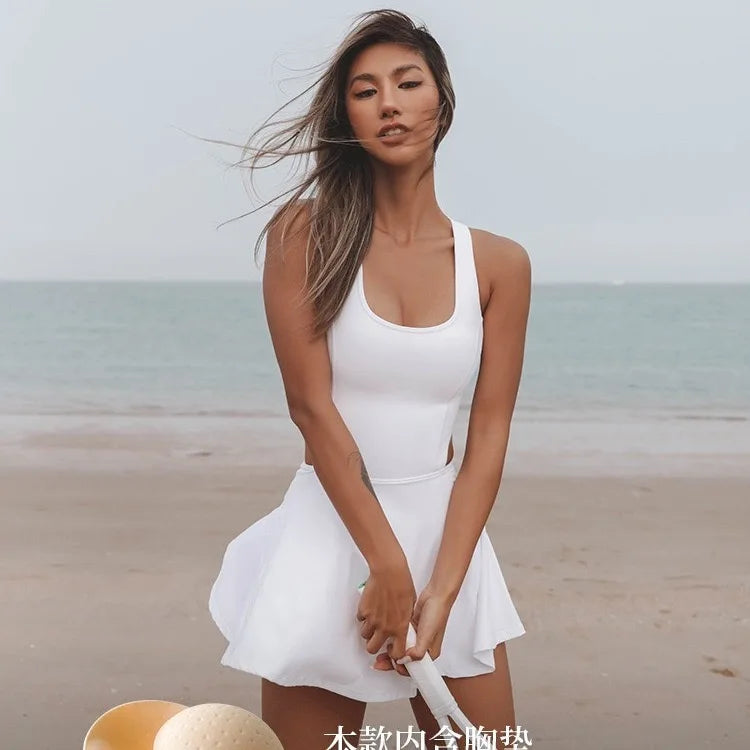 Women’s Sleeveless Tennis Dress with Built-In Shorts – Breathable Active Skort