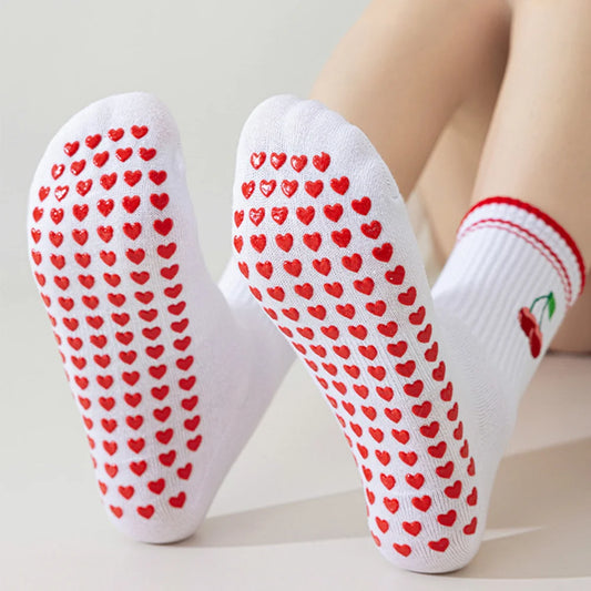CuteCore Grip Socks – Mid-Tube Striped Yoga Socks with Hearts & Bows