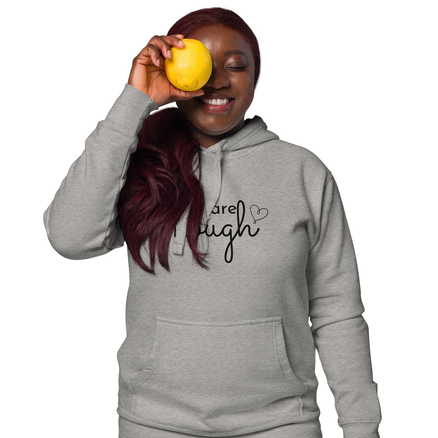 Cozy hoodie with 'You Are Enough, Every Damn Day' slogan, promoting self-love and daily confidence