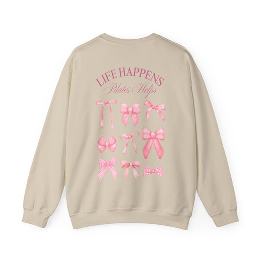 Comfy, motivational Pilates Lover sweatshirt with 'Life Happens Pilates Helps' slogan, perfect for cozy post-workout wear.