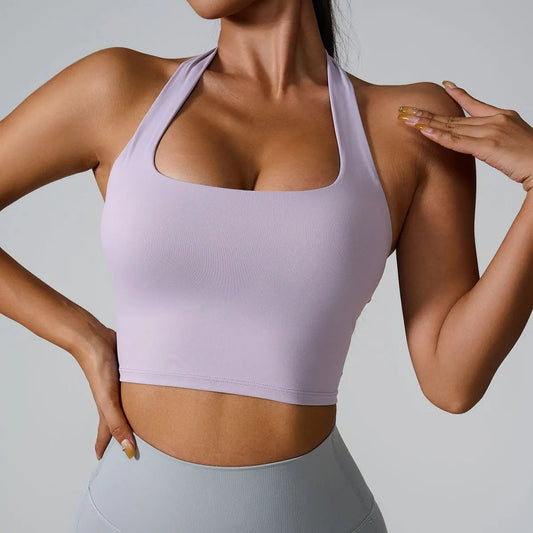 Seamless Halterneck Sports Bra – Breathable Push-Up Fitness Top for Women
