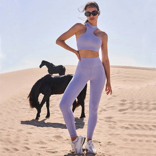 Summer Tracksuit Set – Stand Collar Sports Bra & High-Waist Leggings
