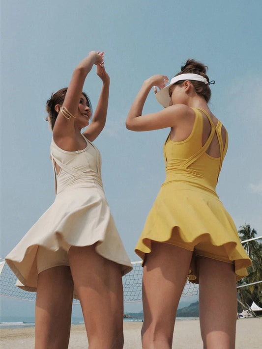 Women’s Sleeveless Tennis Dress with Built-In Shorts – Breathable Active Skort
