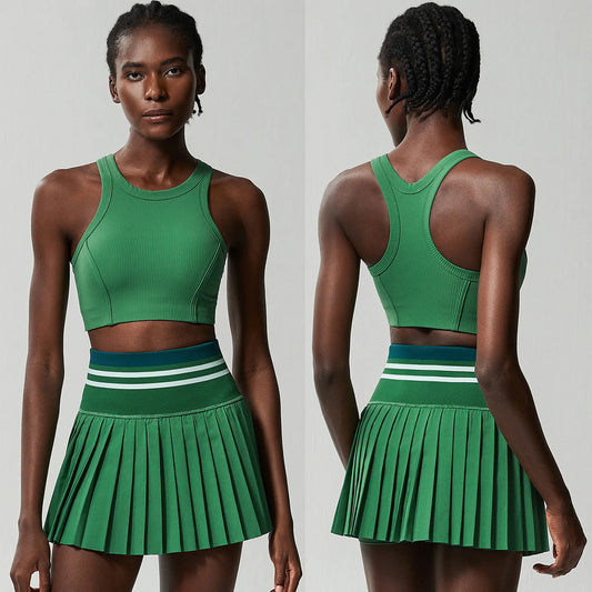 2-Piece Tennis Set – Breathable Sleeveless Crop Top + High Waist Skirt With Pockets