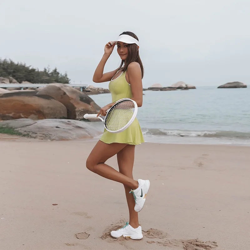 Women’s Sleeveless Tennis Dress with Built-In Shorts – Breathable Active Skort
