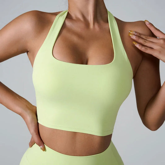 Seamless Halterneck Sports Bra – Breathable Push-Up Fitness Top for Women