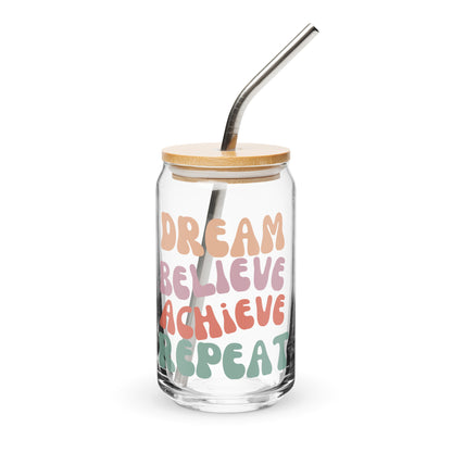 Dream Believe Achieve Repeat - Can-Shaped Glass | Inspirational & Stylish